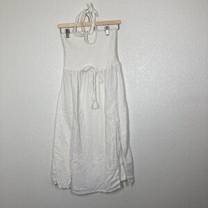 M&S Collection Dress Womens 12 White Halter Maxi Smocked Bodice Tassel Slit Boho